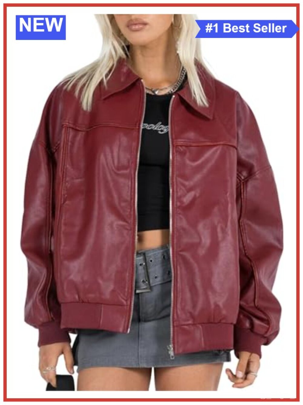 Faux Leather Oversized Boyfriend Bomber Jacket Full Zip Motorcycle